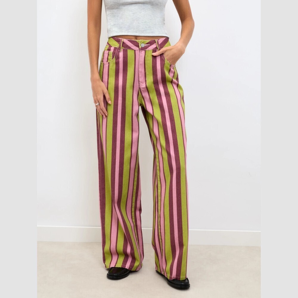 Green Pink Burgundy Candy Striped Relaxed Straight Leg Denim Jeans